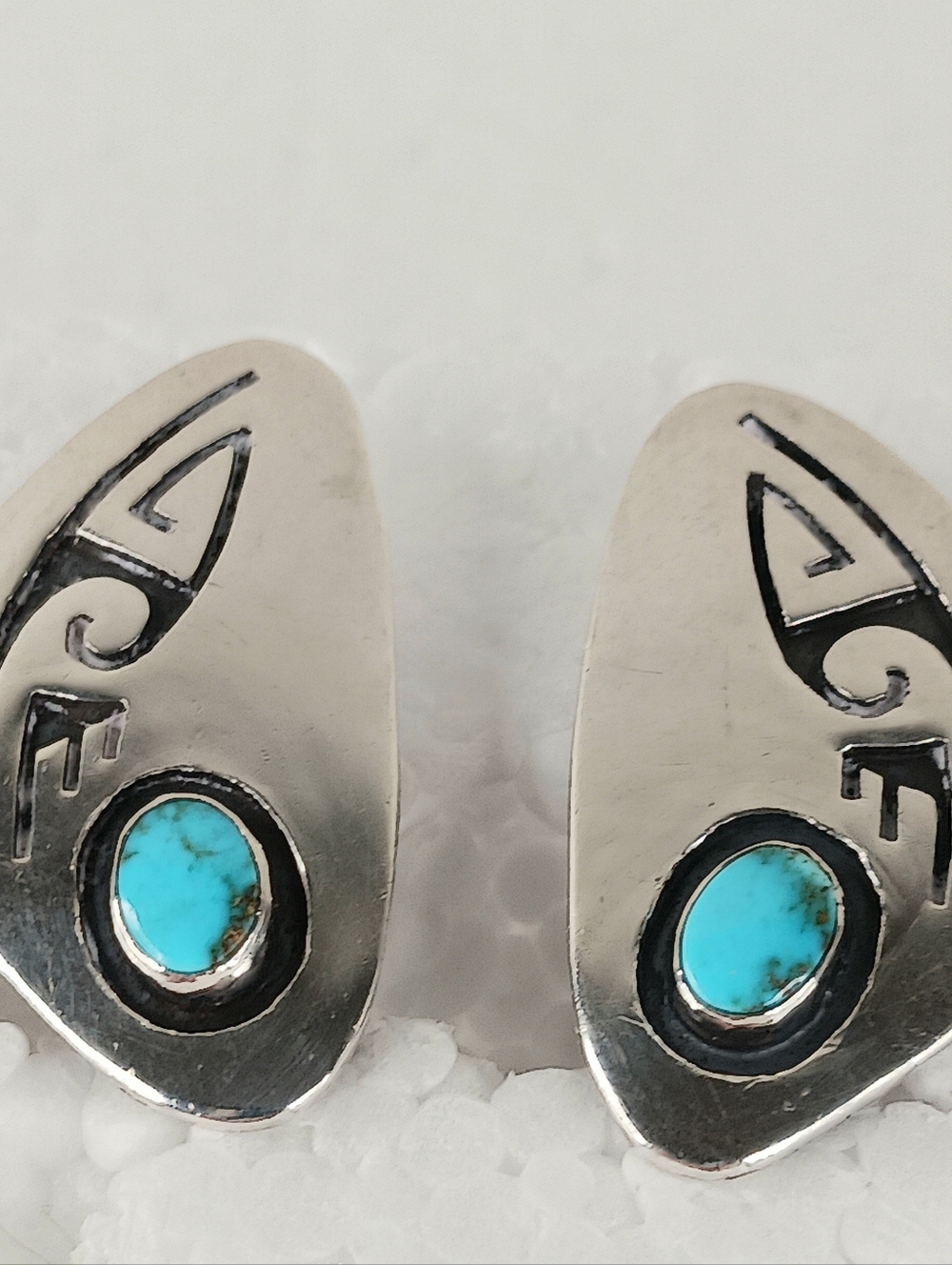 Earrings Clip On Vintage Navajo Sterling Turquoise Elongated Shadowbox Symbols - Picture 8 of 12